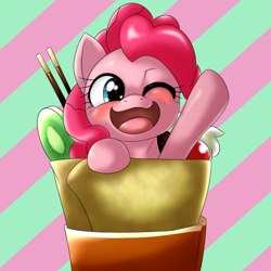 Size: 1000x1000 | Tagged: safe, artist:ushiro no kukan, character:pinkie pie, blushing, crepe, cute, diapinkes, female, ice cream, looking at you, open mouth, pocky, ponies in food, smiling, solo, ushiro is trying to murder us, waving, wink