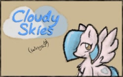 Size: 430x269 | Tagged: safe, artist:zutcha, oc, oc only, oc:cloudy skies (pap), species:pegasus, species:pony, fanfic:the last pony on earth, blue hair, chest fluff, cutie mark, female, illustration, mare, pink fur, ponies after people, simple background, smiling, solo, spread wings, text, wings