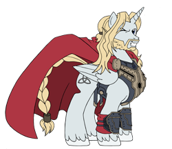 Size: 2918x2525 | Tagged: safe, artist:edcom02, artist:jmkplover, species:alicorn, species:pony, armor, avengers, beard, braid, cape, clothing, crossover, facial hair, grin, looking at you, marvel, ponified, simple background, smirk, solo, spiders and magic: capcom invasion, thor, thor the dark world, transparent background, vector, wink