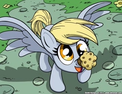 Size: 825x638 | Tagged: safe, artist:latecustomer, character:derpy hooves, species:pegasus, species:pony, balancing, cute, female, food, happy, mare, muffin, ponies balancing stuff on their nose, that pony sure does love muffins