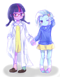 Size: 781x1000 | Tagged: safe, artist:weiliy, character:trixie, character:twilight sparkle, character:twilight sparkle (scitwi), species:eqg human, ship:twixie, my little pony:equestria girls, clothing, cute, diatrixes, female, glasses, holding hands, hoodie, lab coat, lesbian, pigtails, sci-twixie, shipping, shoes, skirt, socks, twintails, younger