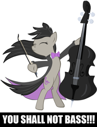 Size: 896x1179 | Tagged: safe, artist:virenth, edit, character:octavia melody, species:pony, episode:slice of life, g4, my little pony: friendship is magic, awesome, badass, bipedal, bow (instrument), bow tie, clothing, double bass, eyes closed, female, gandalf, longcoat, lord of the rings, musical instrument, solo, you shall not pass