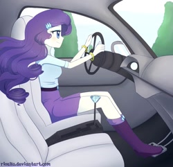 Size: 910x879 | Tagged: safe, artist:riouku, character:rarity, my little pony:equestria girls, beautiful, beauty, boots, car, car interior, clothing, diamond, driver, driving, female, offscreen character, pedal, pov, skirt, sky, smiling, solo, tree