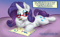 Size: 1280x800 | Tagged: safe, artist:latecustomer, artist:the_gneech, character:rarity, drawing, female, glasses, mouth hold, pencil, prone, quote, solo
