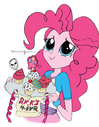 Size: 1590x2032 | Tagged: safe, artist:edcom02, artist:jmkplover, character:pinkie pie, species:human, my little pony:equestria girls, cupcake, cute, cute face, humanized, punisher, puppy dog eyes, ribbon, simple background, transparent background, tray