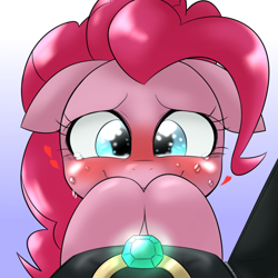 Size: 1000x1000 | Tagged: safe, artist:ushiro no kukan, character:pinkie pie, species:earth pony, species:pony, blushing, engagement ring, excited, female, heart, mare, marriage proposal, offscreen character, overjoyed, pov, ring, smiling, solo, tears of joy, wedding ring