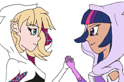 Size: 2459x1637 | Tagged: safe, artist:edcom02, character:twilight sparkle, species:human, my little pony:equestria girls, amethyst sorceress, crossover, duo, gwen stacy, handshake, simple background, spider-gwen, spider-man, spiders and magic iv: the fall of spider-mane, spiders and magic: rise of spider-mane, superhero, transparent background
