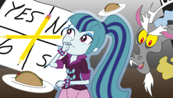 Size: 1920x1080 | Tagged: safe, artist:conikiblasu-fan, character:discord, character:sonata dusk, my little pony:equestria girls, airhead, are you fucking kidding me, bad idea, charlie charlie challenge, don't try this at home, metaphysical, paranormal, repent, supernatural, taco, this is stupid, this will end in death, this will end in possession, this will end in tears and/or death, you asked for it, you need jesus