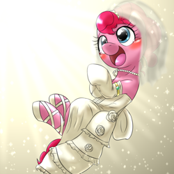 Size: 1000x1000 | Tagged: safe, artist:ushiro no kukan, character:pinkie pie, species:earth pony, species:pony, beautiful, blushing, clothing, crying, cute, diapinkes, dress, female, mare, necklace, open mouth, solo, tears of joy, teary eyes, wedding dress