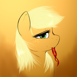 Size: 1000x1000 | Tagged: safe, artist:ushiro no kukan, character:applejack, female, hair tie, loose hair, mouth hold, solo