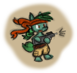 Size: 652x615 | Tagged: safe, artist:zutcha, oc, oc only, oc:lonely day, species:earth pony, species:pony, fanfic:the last pony on earth, assault rifle, bandana, bipedal, clothing, female, fn p90, gun, hooves, illustration, mare, open mouth, ponies after people, ponytail, rifle, solo, weapon