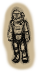 Size: 434x810 | Tagged: safe, artist:zutcha, species:human, fanfic:the last pony on earth, barely pony related, illustration, monochrome, ponies after people, radiation suit, solo, spoiler