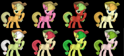 Size: 2199x1000 | Tagged: safe, artist:pika-robo, character:apple bumpkin, character:apple fritter, character:applejack, character:aunt orange, character:cherry berry, character:granny smith, character:red gala, g3, 3d, alternate costumes, apple family member, applejack (g3), g3 to g4, generation leap, source filmmaker