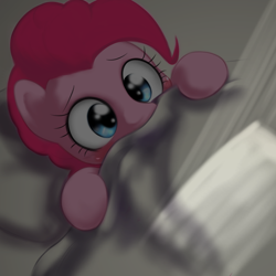 Size: 1000x1000 | Tagged: safe, artist:ushiro no kukan, character:pinkie pie, species:pony, bed, blanket, cute, dark, diapinkes, female, in bed, solo