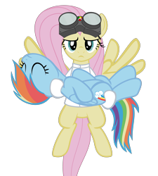 Size: 5400x6000 | Tagged: safe, artist:magister39, character:fluttershy, character:rainbow dash, absurd resolution, backwards cutie mark, carrying, clothing, costume, doctor horrible, dr adorable, dr. horrible's sing-along blog, duo, eyes closed, flying, frown, goggles, reference, simple background, transparent background