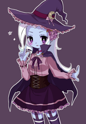 Size: 900x1295 | Tagged: safe, artist:weiliy, character:trixie, my little pony:equestria girls, blushing, clothing, cute, diatrixes, dress, equestria girls-ified, female, garter belt, hat, purple background, simple background, solo, stars, witch, witch hat