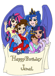 Size: 2538x3495 | Tagged: safe, artist:edcom02, artist:jmkplover, character:princess luna, character:twilight sparkle, oc, oc:ben parker sparkle, oc:mayday parker sparkle, parent:peter parker, parent:twilight sparkle, parents:spidertwi, species:human, my little pony:equestria girls, amethyst sorceress, crossover, crossover shipping, family, father and daughter, gift art, happy birthday, humanized, humanized oc, mother and son, offspring, peter parker, shipping, simple background, spider-man, spiders and magic ii: eleven months, spiders and magic iii: days of friendship past, spiders and magic iv: the fall of spider-mane, spiders and magic: rise of spider-mane, spidertwi, transparent background