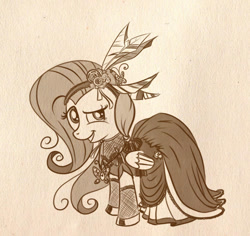 Size: 584x552 | Tagged: safe, artist:bunnimation, character:fluttershy, clothing, dress, female, monochrome, solo, steampunk