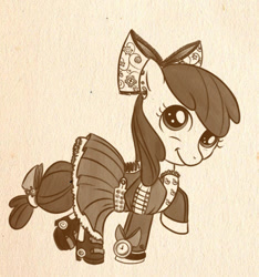 Size: 438x467 | Tagged: safe, artist:bunnimation, character:apple bloom, clothing, dress, female, monochrome, solo, steampunk