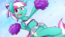 Size: 1920x1080 | Tagged: safe, artist:dshou, character:spring step, character:sunlight spring, species:pegasus, species:pony, episode:rainbow falls, g4, my little pony: friendship is magic, belly, belly button, bipedal, bow, cheerleader, chest fluff, clothing, confetti, cutie mark, eye clipping through hair, eyebrows, eyebrows visible through hair, eyelashes, female, folded wings, hair bow, looking at you, midriff, open mouth, pom pom, shirt, skirt, smiling, solo, wallpaper, wings