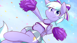 Size: 1920x1080 | Tagged: safe, artist:dshou, character:lilac sky, species:pegasus, species:pony, episode:rainbow falls, g4, my little pony: friendship is magic, belly button, bipedal, bow, cheerleader, chest fluff, clothing, confetti, cutie mark, eye clipping through hair, eyebrows, eyebrows visible through hair, eyelashes, female, hair bow, looking at you, mare, midriff, pom pom, shirt, skirt, smiling, solo, wallpaper