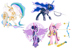 Size: 5876x3995 | Tagged: safe, artist:virenth, character:princess cadance, character:princess celestia, character:princess luna, character:twilight sparkle, character:twilight sparkle (alicorn), species:alicorn, species:pony, alicorn tetrarchy, alternate hairstyle, armor, arrow, bow (weapon), bow and arrow, female, halberd, kite shield, magic, magic circle, mare, polearm, ponytail, shield, simple background, spear, sword, transparent background, warrior cadance, warrior celestia, warrior luna, warrior twilight sparkle, weapon