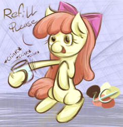 Size: 407x418 | Tagged: safe, artist:liracrown, character:apple bloom, apple bloom's bow, bow, cup, female, glass, hair bow, ice cube, shake, simple background, sitting, solo