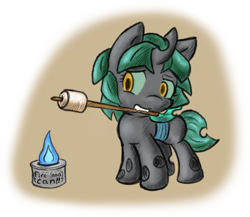 Size: 1280x1113 | Tagged: safe, artist:zutcha, oc, oc only, oc:blacklight, species:changeling, fanfic:founders of alexandria, fanfic:the last pony on earth, changeling oc, changeling queen, changeling queen oc, cute, fanfic, fanfic art, female, filly, fire, hooves, horn, illustration, marshmallow, mouth hold, ponies after people, solo, sterno, wings