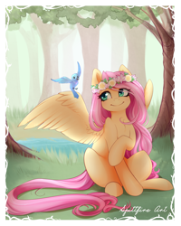 Size: 1000x1253 | Tagged: safe, artist:spittfireart, character:fluttershy, species:bird, species:pegasus, species:pony, cute, female, floral head wreath, flower, forest, mare, pretty, shyabetes, solo