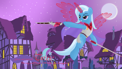 Size: 3840x2160 | Tagged: safe, artist:virenth, character:trixie, species:pony, species:unicorn, alicorn amulet, armor, artificial wings, augmented, cloak, clothing, female, gun, magic, magic wings, pistol, quirass, rapier, solo, sword, wallpaper, wings