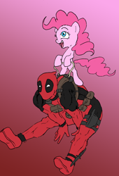 Size: 1336x1968 | Tagged: safe, artist:edcom02, artist:joelashimself, character:pinkie pie, colored, coloring, crossover, deadpool, marvel, pinkiepool (pairing), ponies riding humans, wade wilson, we are doomed, xk-class end-of-the-world scenario