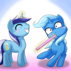 Size: 1000x1000 | Tagged: safe, artist:ushiro no kukan, character:minuette, character:trixie, species:pony, species:unicorn, brushing teeth, female, magic, mare, toothbrush