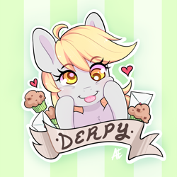 Size: 800x800 | Tagged: safe, artist:spittfireart, character:derpy hooves, species:pegasus, species:pony, blep, cute, derpabetes, female, happy, heart, mare, muffin, smiling, solo, tongue out