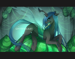Size: 1000x786 | Tagged: safe, artist:spittfireart, character:queen chrysalis, species:changeling, changeling queen, cocoon, female, looking at you, open mouth, prone, solo, tongue out, watermark