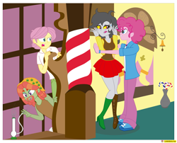 Size: 3335x2694 | Tagged: safe, artist:conikiblasu-fan, character:discord, character:fluttershy, character:pinkie pie, character:tree hugger, oc:eris, ship:discopie, episode:make new friends but keep discord, g4, my little pony: friendship is magic, my little pony:equestria girls, bubble berry, bubbleris, butterscotch, equestria girls-ified, equestria guys, female, male, rule 63, shipping, straight, tree top