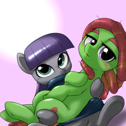 Size: 1000x1000 | Tagged: safe, artist:ushiro no kukan, character:maud pie, character:tree hugger, species:earth pony, species:pony, ship:maudhugger, bridal carry, crack shipping, female, lesbian, shipping, underhoof