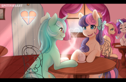 Size: 1920x1241 | Tagged: safe, artist:spittfireart, character:bon bon, character:fluttershy, character:lyra heartstrings, character:rarity, character:sweetie drops, species:earth pony, species:pegasus, species:pony, species:unicorn, ship:lyrabon, adorabon, cafe, chair, coffee, cup, cute, eyes closed, female, hair bow, happy, lesbian, looking at each other, lyrabetes, magic, mare, open mouth, plate, shipping, sitting, smiling, table, window