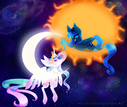 Size: 2500x2100 | Tagged: safe, artist:silentwulv, character:princess celestia, character:princess luna, ear fluff, flying, moon, prone, sisters, space, sun, tangible heavenly object