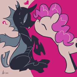 Size: 500x500 | Tagged: safe, artist:rwl, character:pinkie pie, species:changeling, blushing, boop, confused, cute, diapinkes, doomie, doomie pie, eyes closed, female, heart, interspecies, limited palette, male, noseboop, question mark, shipping, straight, surprised, sweat, wide eyes