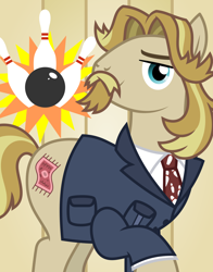 Size: 1600x2036 | Tagged: safe, artist:chainchomp2, part of a set, character:jeff letrotski, species:earth pony, species:pony, bowling ball, bowling pin, clothing, looking at you, male, necktie, raised hoof, solo, stallion, the dude, vector