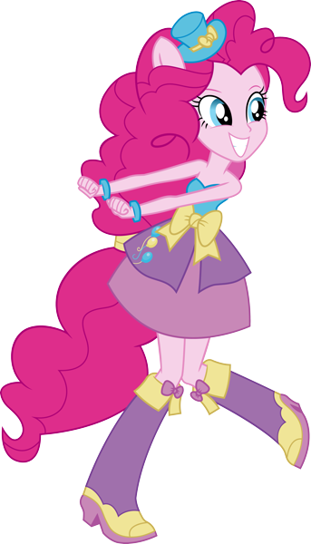 954164 - safe, artist:sugar-loop, character:pinkie pie, my little pony:equestria girls, balloon, bare shoulders, boots, bracelet, clothing, dancing, dress, fall formal outfits, female, hat, high heel boots, jewelry, ponied up, ponytail, simple background,