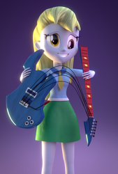 Size: 864x1280 | Tagged: safe, artist:creatorofpony, artist:pika-robo, character:derpy hooves, character:rainbow dash, my little pony:equestria girls, 3d, 3d model, blender, broken, clothing, electric guitar, female, grin, guitar, i just don't know what went wrong, necktie, oops, shirt, skirt, smiling, solo, this will end in tears, worried