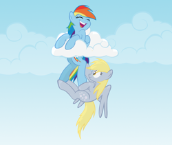 Size: 900x758 | Tagged: safe, alternate version, artist:radiantrealm, character:derpy hooves, character:rainbow dash, species:pegasus, species:pony, cloud, cloudy, female, hoof tickling, laughing, mare, show accurate, tickling