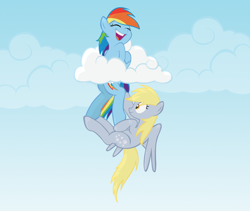 Size: 900x758 | Tagged: safe, alternate version, artist:radiantrealm, character:derpy hooves, character:rainbow dash, species:pegasus, species:pony, cloud, cloudy, female, hoof tickling, mare, show accurate, tickling