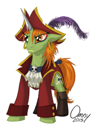 Size: 800x1089 | Tagged: safe, artist:omny87, oc, oc only, oc:captain capsize, species:pony, species:unicorn, boots, clothing, earring, female, harpoon, mane, piercing, pirate, signature, simple background, skull, solo, tail, tail wrap, transparent background