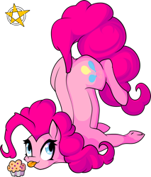 Size: 1024x1200 | Tagged: safe, artist:amberpendant, character:pinkie pie, cheek fluff, cute, diapinkes, face down ass up, female, looking at you, muffin, pinkie being pinkie, simple background, solo, tongue out, transparent background