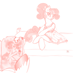 Size: 1024x1024 | Tagged: safe, artist:sourcherry, oc, oc only, oc:pretty wreck, oc:silk thread, bed, bow, classy, clothing, dirty, dress, hair bow, monochrome, pose, sitting, sultry pose