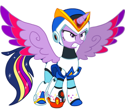 Size: 1024x899 | Tagged: safe, artist:thegreatrouge, character:twilight sparkle, character:twilight sparkle (alicorn), species:alicorn, species:pony, armor, colored wings, crossover, female, mare, megaman, megaman x, multicolored wings, rainbow power, solo