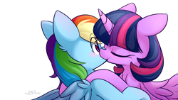 Size: 1920x1080 | Tagged: safe, artist:dshou, character:rainbow dash, character:twilight sparkle, character:twilight sparkle (alicorn), species:alicorn, species:pegasus, species:pony, ship:twidash, blushing, duo, eye clipping through hair, female, kissing, lesbian, mare, shipping, signature