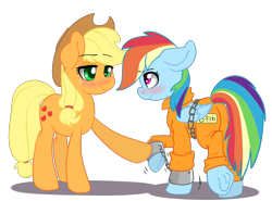 Size: 2584x1909 | Tagged: safe, artist:annakitsun3, character:applejack, character:rainbow dash, ship:appledash, blushing, bound wings, chains, clothing, cuffs, female, lesbian, prison outfit, prisoner rd, shackles, shipping, smiling, underhoof